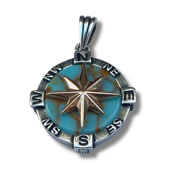 Stunning Gold Northstar Compass Pendant w/ Turquoise Accent - Unisex 925 Sterlin - Picture 7 of 8